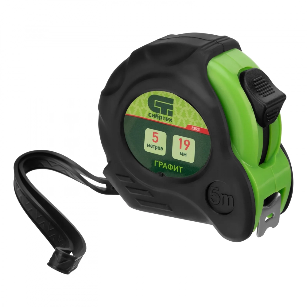 Рулетка Графит, обрезиненный корпус, амортизатор, 5м х 19мм Сибртех