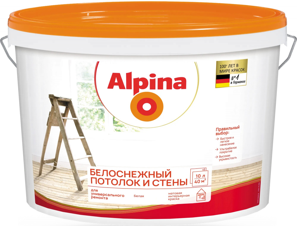 Краска акриловая водно-дисперсионная Alpina "Белоснежный потолок и стены" белая 10л/15кг